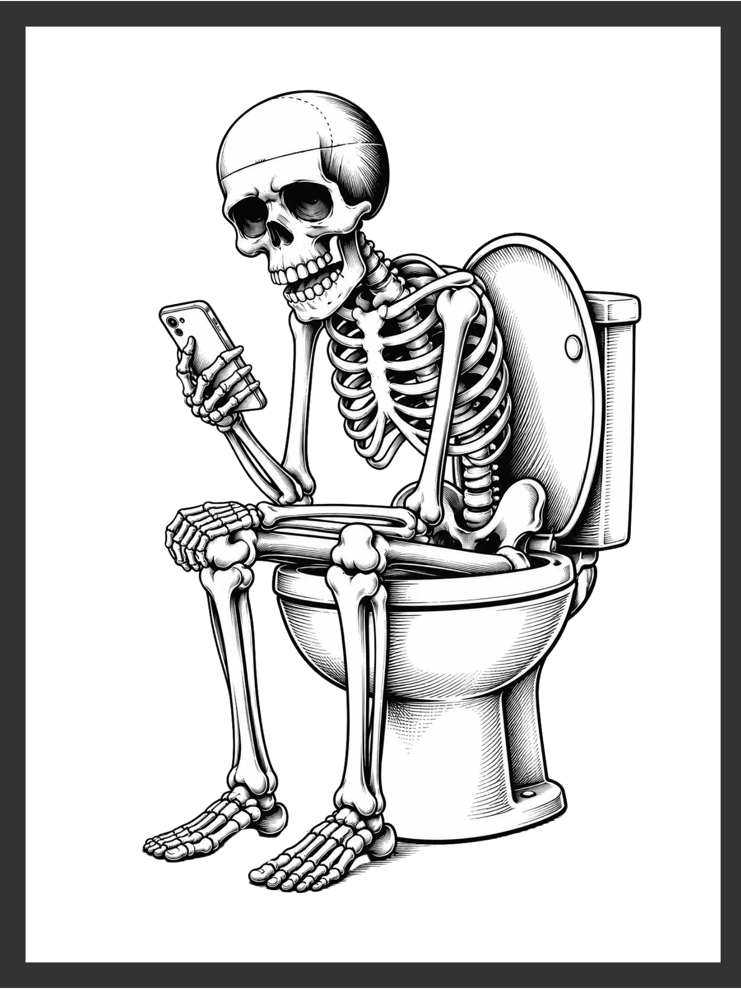 Detailed etching-style illustration of a skeleton sitting on a toilet scrolling a phone, rendered in solid black cross-hatched line work on a white background — digital wall art download.
