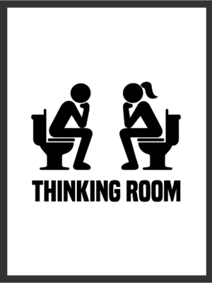 Solid black silhouettes of a man and a woman sitting on toilets in a Thinker pose beneath the bold text "THINKING ROOM," in solid black on a white background — digital wall art download.