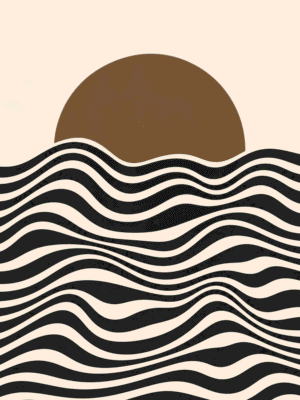 Main: Retro-style abstract print of a terracotta sun setting behind rolling black-and-cream wave lines — digital download wall art. Short fallback: Terracotta sunset wall art print with wave pattern.