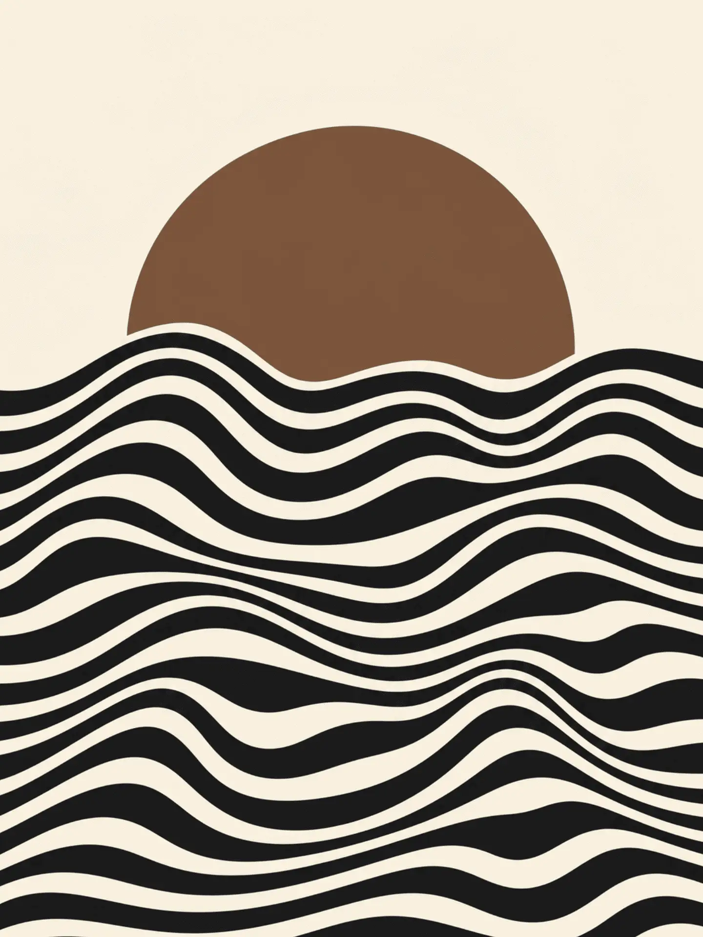 Main: Retro-style abstract print of a terracotta sun setting behind rolling black-and-cream wave lines — digital download wall art. Short fallback: Terracotta sunset wall art print with wave pattern.
