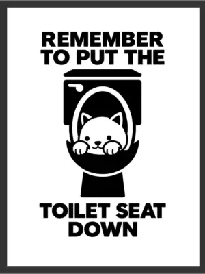 Bold black silhouette graphic of a cat peeking out of a toilet bowl beside the text "REMEMBER TO PUT THE TOILET SEAT DOWN," in black and white on a white background — digital wall art download.