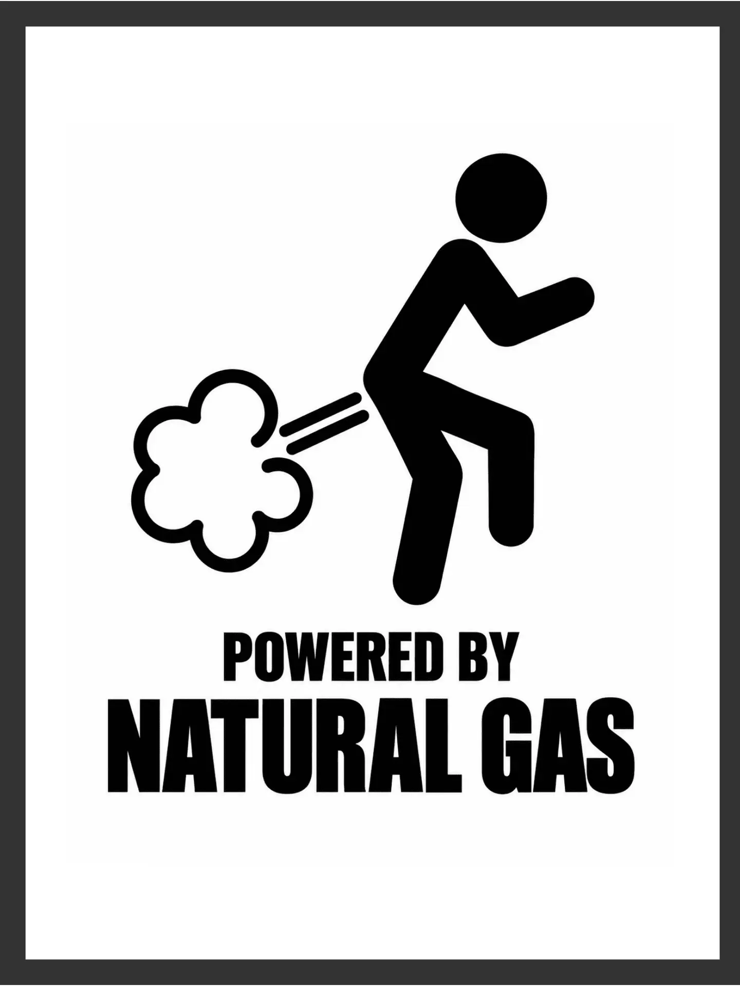 Bold black silhouette pictogram of a figure walking with a puff of gas trailing behind, beside the text "POWERED BY NATURAL GAS," in black and white on a white background — digital wall art download.