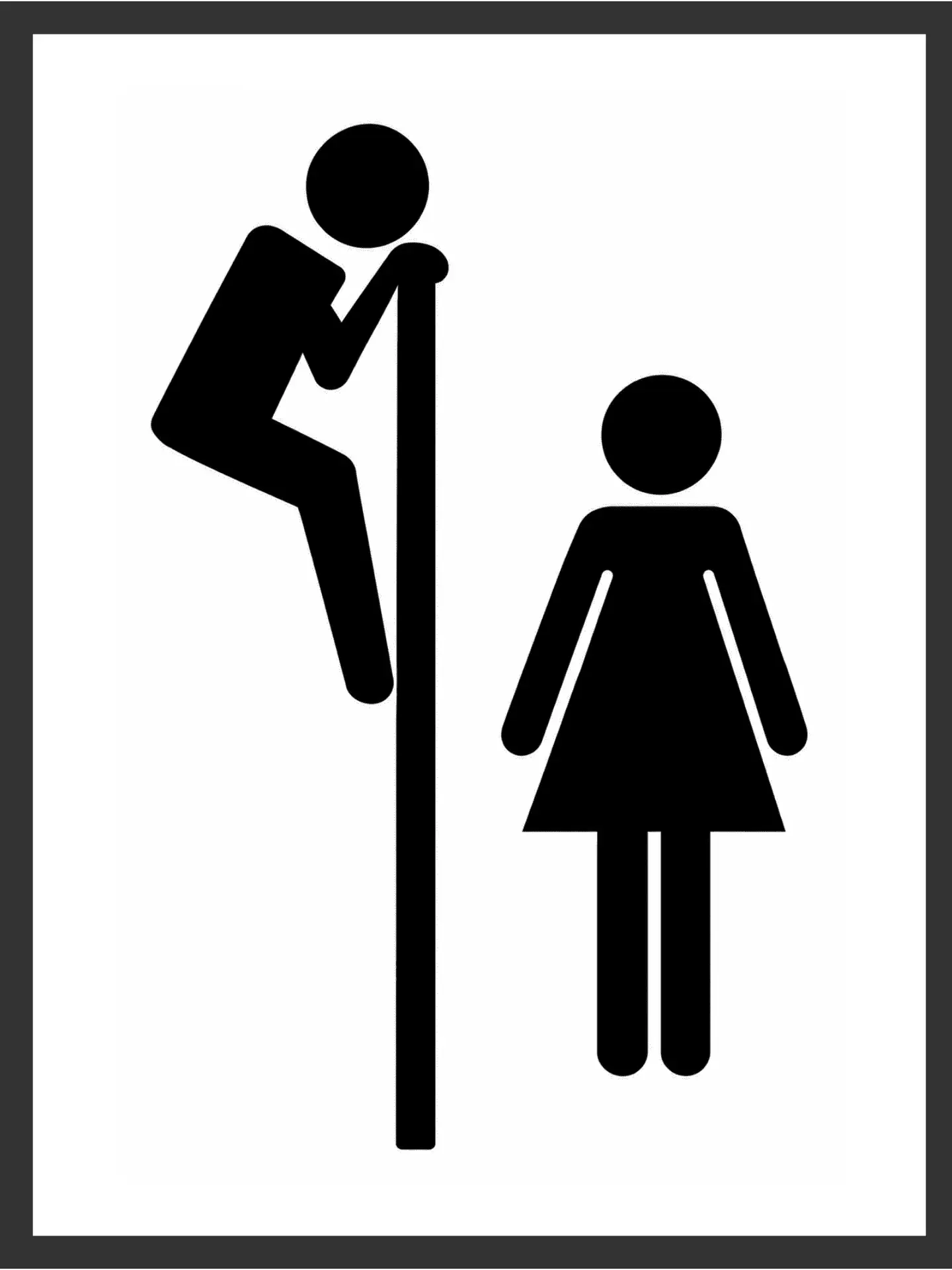 Bold black silhouette restroom sign pictogram with the "men's" figure playfully climbing the dividing pole while the "women's" figure stands composed, in black and white on a white background — digital wall art download.
