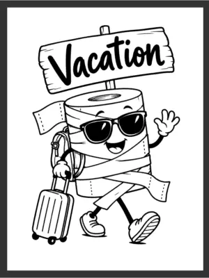 Cartoon toilet paper roll wearing sunglasses with a suitcase and backpack, waving beneath a "VACATION" sign, in bold black line art on a white background — digital wall art download.