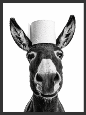 Black-and-white photographic portrait of a donkey with a roll of toilet paper balanced between its ears like a crown, on a white background — digital wall art download.