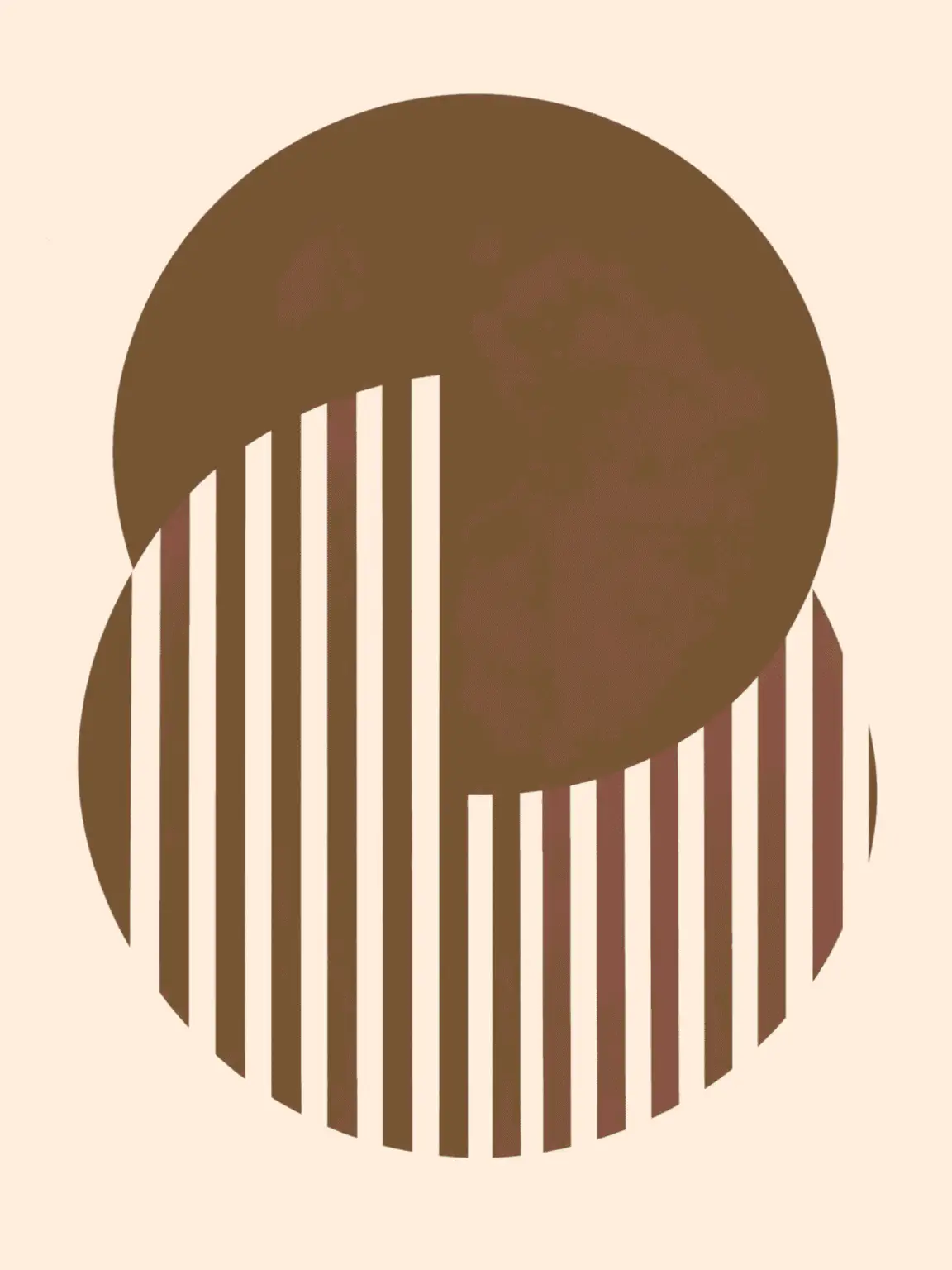 Main: Modern abstract print featuring two overlapping terracotta circles, one solid and one with vertical stripes, set against a cream background — digital download wall art. Short fallback: Terracotta eclipse wall art print with striped circle.