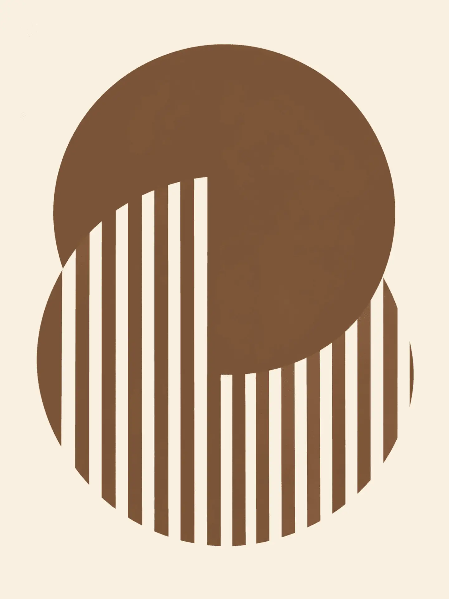 Main: Modern abstract print featuring two overlapping terracotta circles, one solid and one with vertical stripes, set against a cream background — digital download wall art. Short fallback: Terracotta eclipse wall art print with striped circle.