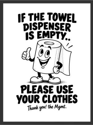 Cartoon paper towel roll giving a thumbs up beside the text "IF THE TOWEL DISPENSER IS EMPTY.. PLEASE USE YOUR CLOTHES, Thank you! the Mgmt.," in bold black line art on a white background — digital wall art download.