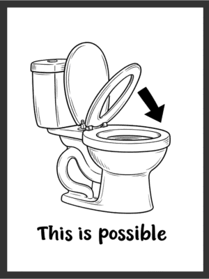 Main: Black and white line art print of a toilet with the seat down, an arrow pointing to it, and the text "This Is Possible" — funny bathroom wall art digital download. Short fallback: "This Is Possible" funny toilet seat wall art print.