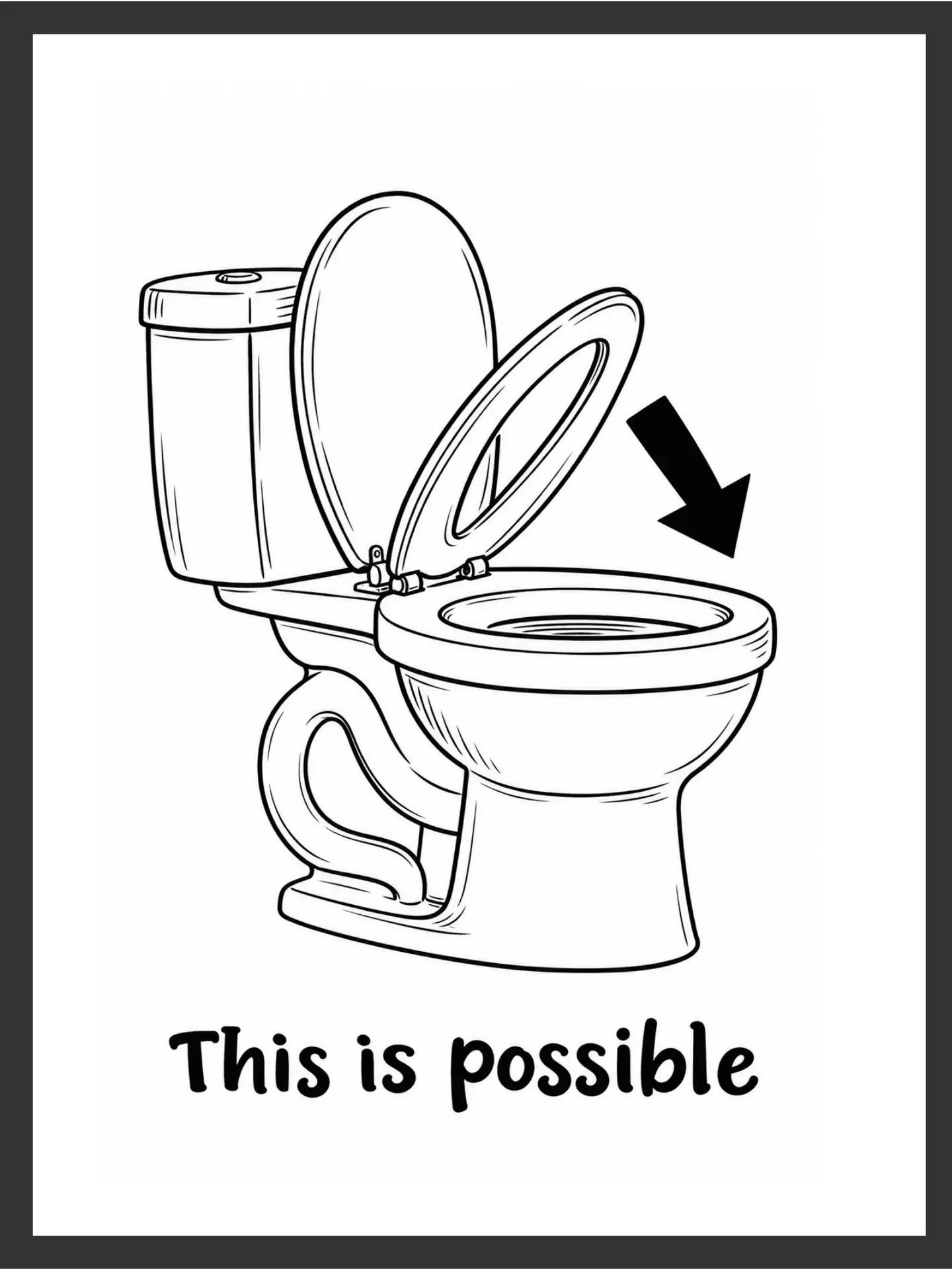 Main: Black and white line art print of a toilet with the seat down, an arrow pointing to it, and the text "This Is Possible" — funny bathroom wall art digital download. Short fallback: "This Is Possible" funny toilet seat wall art print.