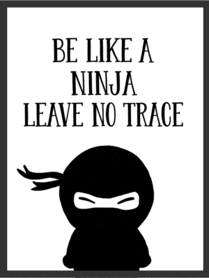 Main: Black and white illustration of a stealthy ninja silhouette with the text "Be Like A Ninja Leave No Trace" — funny bathroom wall art digital download. Short fallback: "Be Like A Ninja, Leave No Trace" funny bathroom wall art print.