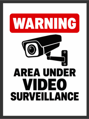 Main: Funny fake warning sign print reading "Warning: Area Under Video Surveillance" with a red banner and black security camera icon — bathroom wall art digital download. Short fallback: "Area Under Video Surveillance" funny bathroom warning sign print.