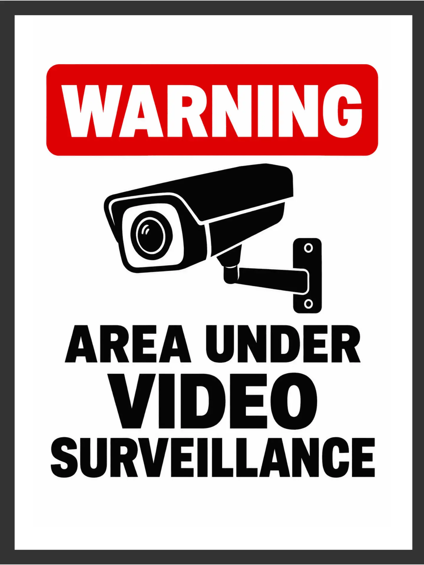 Main: Funny fake warning sign print reading "Warning: Area Under Video Surveillance" with a red banner and black security camera icon — bathroom wall art digital download. Short fallback: "Area Under Video Surveillance" funny bathroom warning sign print.