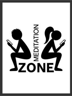 Main: Black and white silhouette print of two figures seated with phones beside the text "Meditation Zone" — funny bathroom wall art digital download. Short fallback: "Meditation Zone" funny bathroom wall art print.