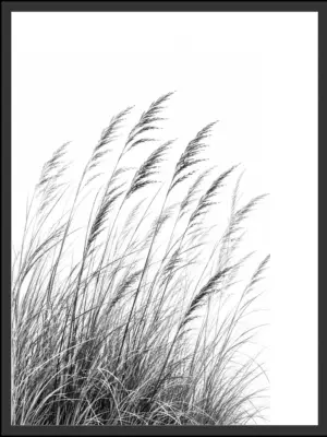 Main: Black and white photograph of tall beach grass bending in the wind against a hazy sky — fine art nature wall art digital download. Short fallback: Black and white windblown beach grass nature photography print.