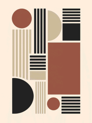 Modern abstract print featuring an asymmetric composition of solid blocks, striped bands, and half-circles in terracotta, black, tan, and cream — digital download wall art. Short fallback: Terracotta block composition wall art print.