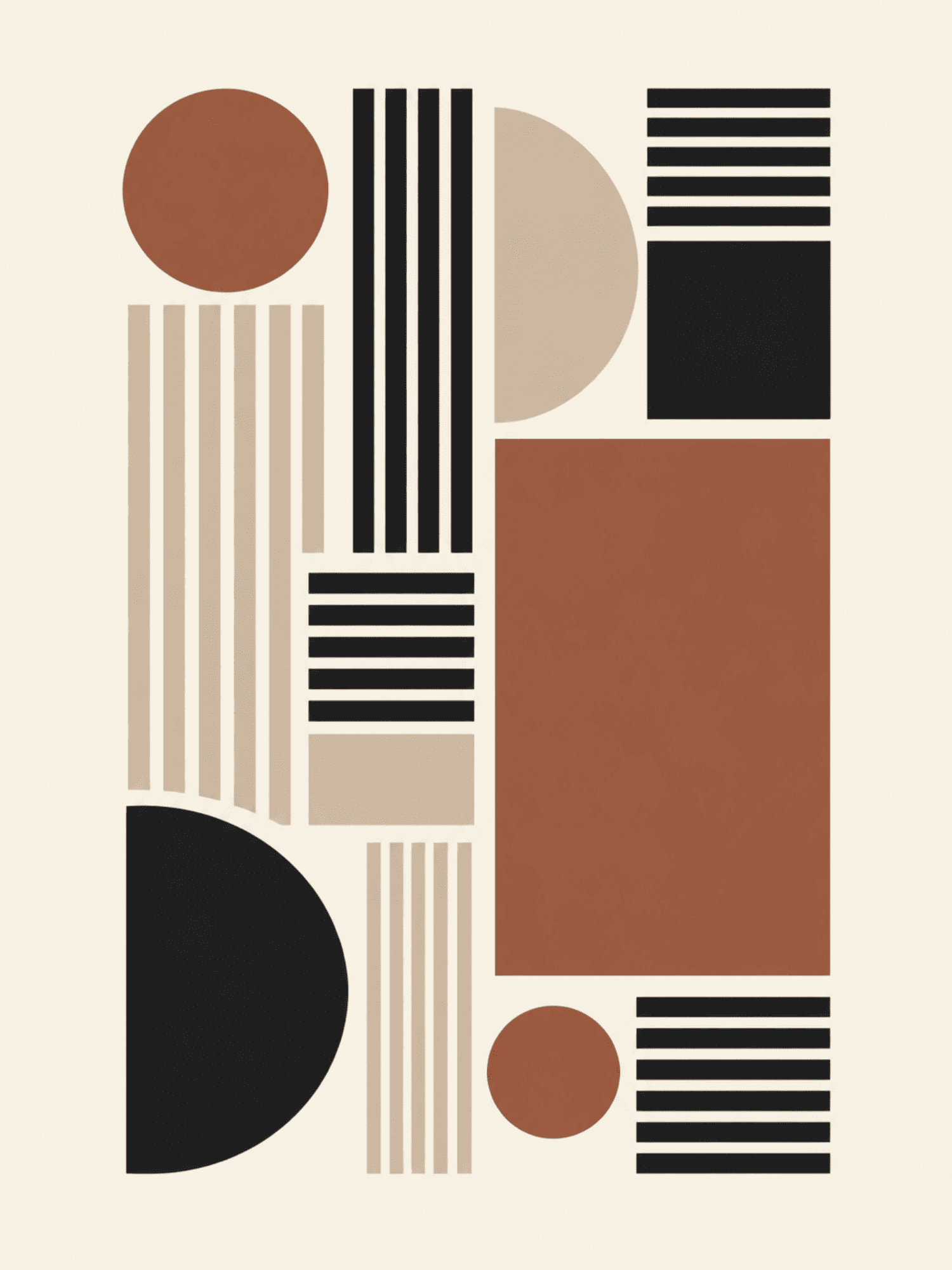 Modern abstract print featuring an asymmetric composition of solid blocks, striped bands, and half-circles in terracotta, black, tan, and cream — digital download wall art. Short fallback: Terracotta block composition wall art print.