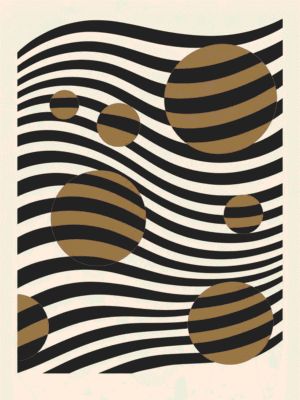 Main: Modern abstract print featuring striped terracotta orbs floating above wavy black lines on a cream background — digital download wall art. Short fallback: Terracotta and black striped orbs wall art print.