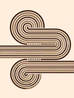 Retro abstract print featuring two graduated brown spirals connected by parallel bands against a cream background — digital download wall art. Short fallback: Brown and cream double spiral wall art print.