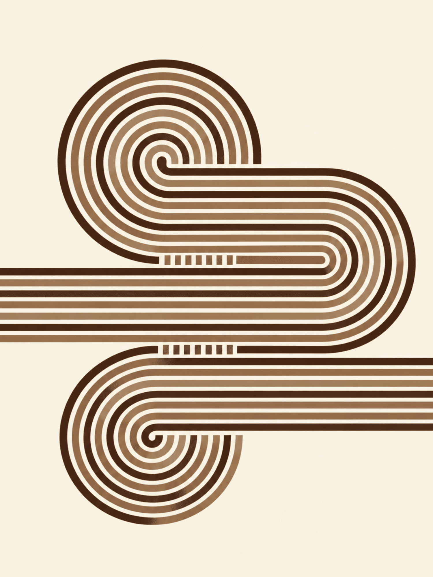 Retro abstract print featuring two graduated brown spirals connected by parallel bands against a cream background — digital download wall art. Short fallback: Brown and cream double spiral wall art print.