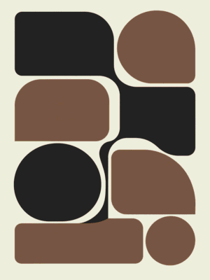Modern abstract print featuring rounded black and brown puzzle-like blocks interlocking against a cream background — digital download wall art. Short fallback: Black and brown modern block puzzle wall art print.