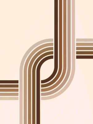Retro abstract print featuring a looping graduated brown ribbon crossing straight stripes against a cream background — digital download wall art. Short fallback: Brown and cream retro ribbon path wall art print.