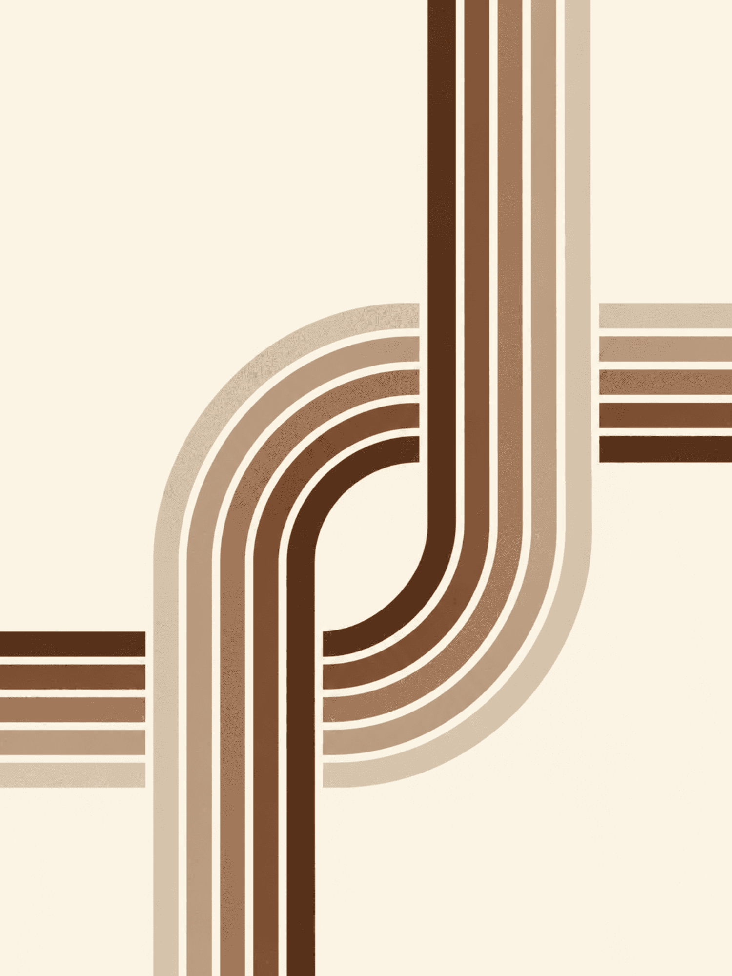 Retro abstract print featuring a looping graduated brown ribbon crossing straight stripes against a cream background — digital download wall art. Short fallback: Brown and cream retro ribbon path wall art print.