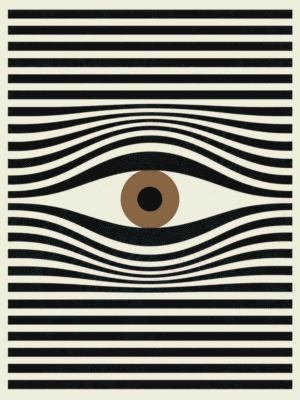 Modern abstract print of a stylized eye formed from rippling black stripes with a warm brown iris and black pupil, on a cream background — digital download wall art. Short fallback: Black and brown abstract eye wall art print.
