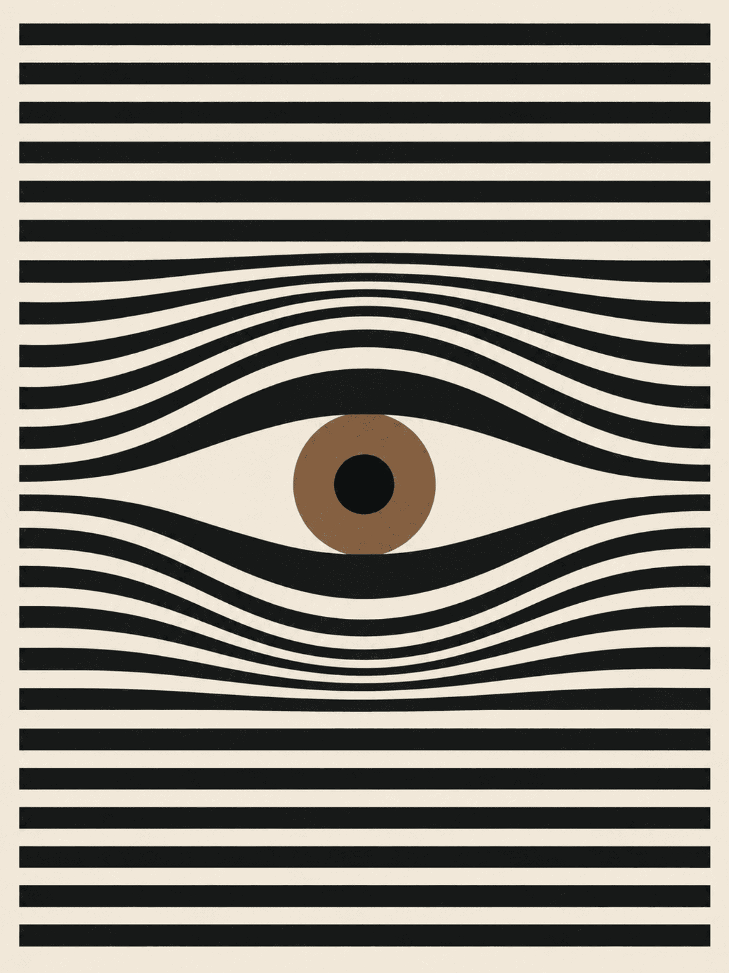 Modern abstract print of a stylized eye formed from rippling black stripes with a warm brown iris and black pupil, on a cream background — digital download wall art. Short fallback: Black and brown abstract eye wall art print.